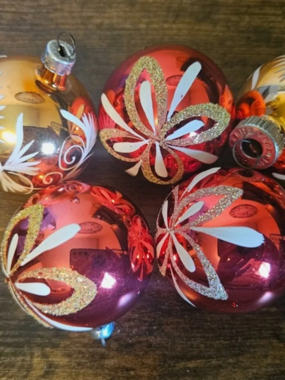 5 Vintage West Germany Mercury Glass Ball Ornaments Hand Painted